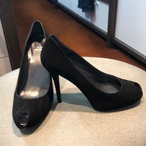 Stuart Weitzman Black Suede Peep Toe Pumps
